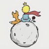 el principito en la luna con el zorro de espaldas